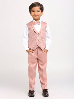 Kids Island - Peach Sequin Satin Cotton Shirt Waistcoat with Pant & Bow Tie (Set of 4)