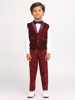 Kids Island - Maroon Velvet Embroidery Shirt Waistcoat with Pant & Bow Tie (Set of 4)