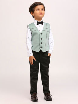 Kids Island - Green Knitted Cotton Shirt Waistcoat with Pant & Bow Tie (Set of 4)