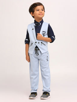 Kids Island - Sky Blue Knitted Cotton Shirt Waistcoat with Pant & Bow Tie (Set of 4)