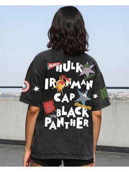 Bewakoof - Marvel Black Avengers Graphic Printed Oversized Acid Wash T-shirt