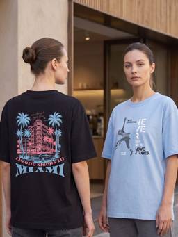 Nobero - Multi-Color Oversized Fit Graphic Printed T-Shirts (Pack of 2)