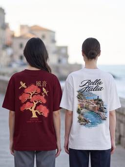 Nobero - Multi-Color Oversized Fit Graphic Printed T-Shirts (Pack of 2)