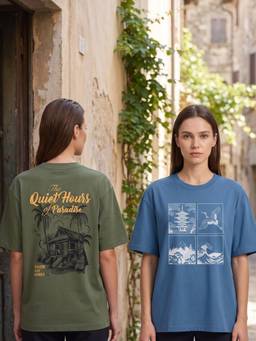 Nobero - Multi-Color Oversized Fit Graphic Printed T-Shirts (Pack of 2)