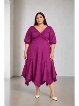 Beyond the Curve - VIRGIO - Purple Solid Cotton Twist Front Plus Size Dress