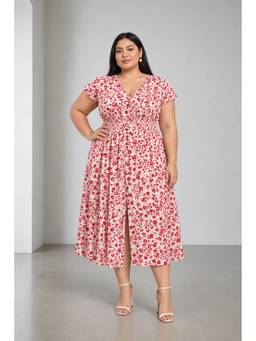 Beyond the Curve - VIRGIO - White Floral Print Cotton Smocked Plus Size Dress