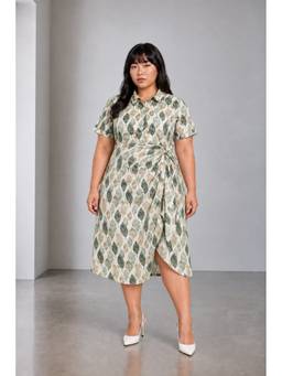 Beyond the Curve - VIRGIO - Green Botanical Leaf Viscose Twist Front Aline Plus Size Dress
