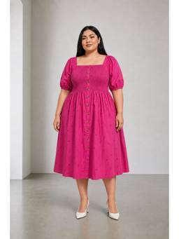 Beyond the Curve - VIRGIO - Pink All Over Print Cotton Smocked Bodice Plus Size Dress