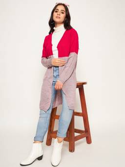 Club York - Pink Knitted Colourblocked Acrylic Cardigan