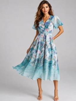 Club York - Blue Floral Print A-Line Dress