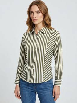 Club York - Women Olive Striped Full Sleeve Shirt