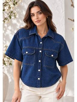 Lounge Dreams - Blue Half Sleeves Denim Crop Shirt
