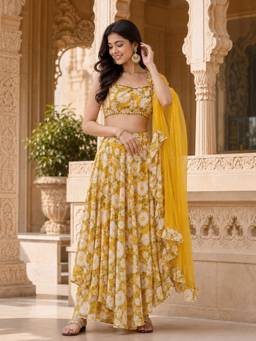 INDO STREET - Yellow Poly Georgette Printed Top and Skirt with Dupatta