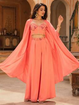 INDO STREET - Orange Poly Georgette Embroidered Top and Palazzo with Shrug