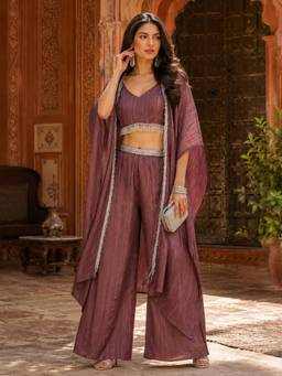 INDO STREET - Burgundy Polyester Stripes Top and Palazzo with Shrug