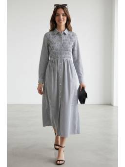 Virgio - White Striped Cotton Smocked Bodice Shirt Dress