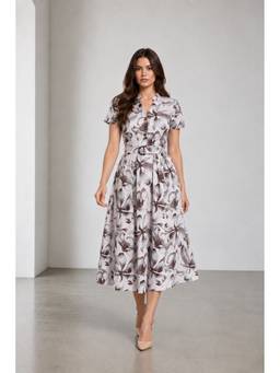 Virgio - Off White Printed Cotton Printed Mandarin Collar Dress