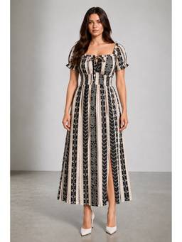 Virgio - Off White Printed Rayon Crepe Printed Smocked Dress