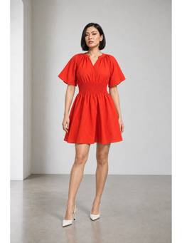 Virgio - Orange Solid Cotton Smocked Waist Detail Dress