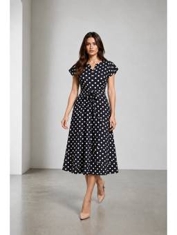 Virgio - Black Printed Viscose Polka Dot Tie Up Dress