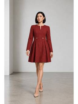 Virgio - Rust Self Design Dobby Tailored Pleated Dress