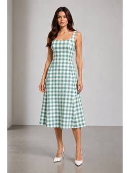 Virgio - Green Checked Cotton Broad Strap Panel Dress
