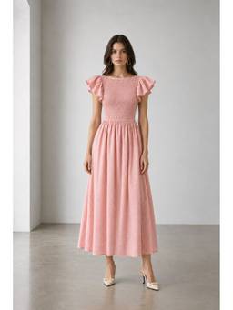Virgio - Peach Printed Viscose Smocked Bodice Dress
