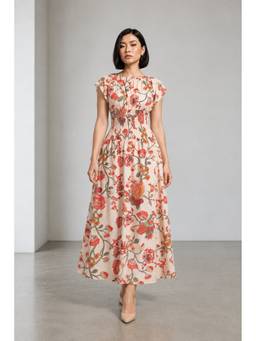 Virgio - Beige Printed Cotton Smocked Waist Dress