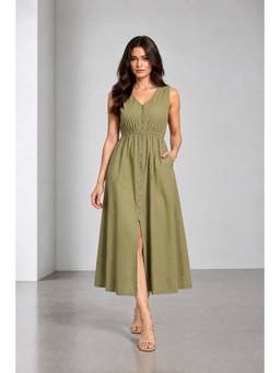 Virgio - Green Solid Cotton Front Zip Closure Dress