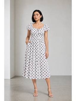 Virgio - White Printed Viscose Polka Dot Fit Flared Dress