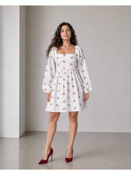 Virgio - White Printed Viscose Strawberry Printed Smocked Dress