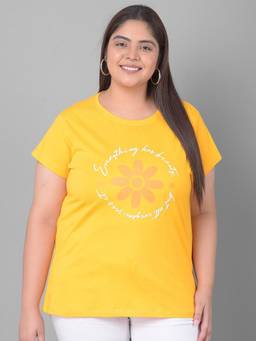Club York - Yellow Plus Size Typography Printed Cotton T-shirt