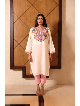 URZUV - Pink Kashmiri Loose Woollen Phiran Kurta with Side Pockets