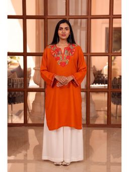 URZUV - Orange Kashmiri Loose Woollen Phiran Kurta with Side Pockets