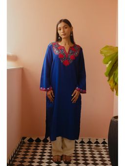 URZUV - Blue Kashmiri Loose Woollen Phiran Kurta with Side Pockets