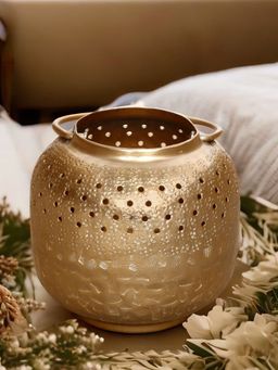 At Home by Nilkamal - Double Hammered Lantern Candle Stand (Gold)