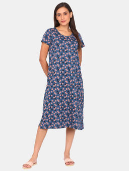 Zivame - Rosaline Geo Blooms Knit Cotton Mid Length Nightdress - Blue Opal