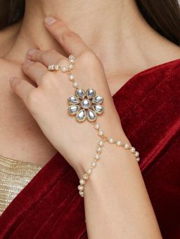 OOMPH - Jewellery Kundan Pearls Statement Floral Hathphool Bracelet with Ring