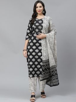 Yuris - Women Black & White Pure Cotton Printed Kurta with Palazzos and Dupatta (Set of 3)