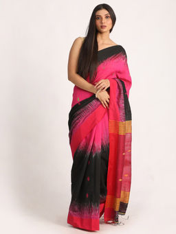 Angoshobha - Fuchsia & Black Cotton Blended Handloom Jamdani Saree with Unstitched Blouse