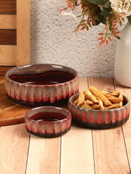 VarEesha - Hand Painted Studio Pottery Brown Red Flat Ceramic Serving Bowls Set of 3