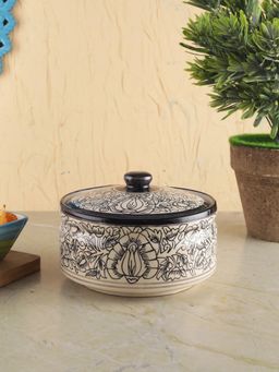 VarEesha - Kalamkari Black & White Ceramic Serving Bowl with Lid
