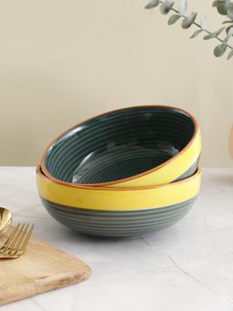 VarEesha - Green with Yellow Border 7 Inch Ceramic Serving Bowls Set of 2