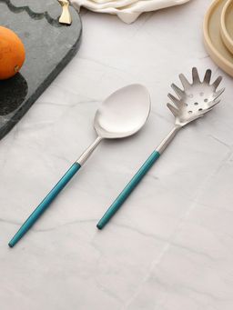 VarEesha - Radiant Blue Handled Matt Finish Stainless Steel Salad Serving Spoons cutlery Set of 2