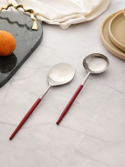 VarEesha - Radiant Maroon Red Handled Matt Finish Stainless Steel Serving Spoons cutlery Set of 2