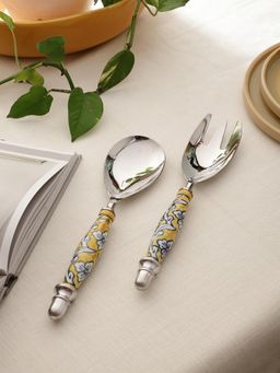 VarEesha - Manohar Yellow White Ceramic Serving Spoons cutlery Set of 2
