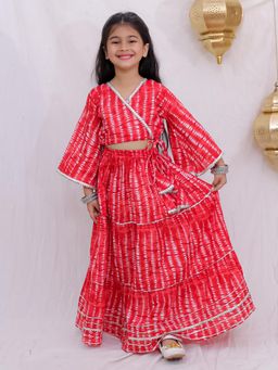 BownBee - Pure Cotton Quatre Sleeves Tie and Dye Top With Skirt For Girls - Red