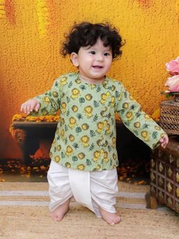 BownBee - Full Sleeve Pure Cotton Kurta Dhoti - Green