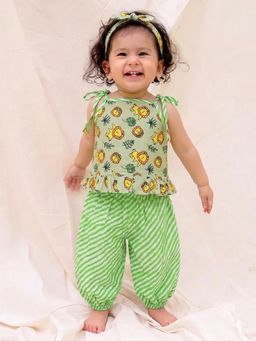 BownBee - Sleeveless Jhabla and Harem With Hairband Set For Infant Girls - Green