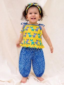 BownBee - Sleeveless Jhabla and Harem With Hairband Set For Infant Girls - Yellow